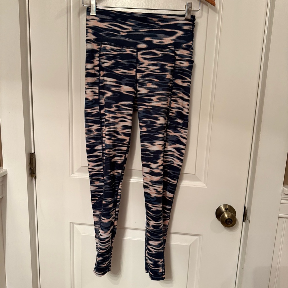 SWEATY BETTY LEGGINGS PANTS 7/8 CAPRI CROPPED BLUE PINK MESH SUPER SCULPT SIZE S